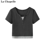 拉夏贝尔/La Chapelle假两件V领T恤修身正肩撞色短袖显瘦上衣