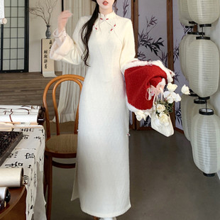 新中式改良旗袍长裙子秋冬大码内搭加绒加厚蕾丝连衣裙马甲两件套