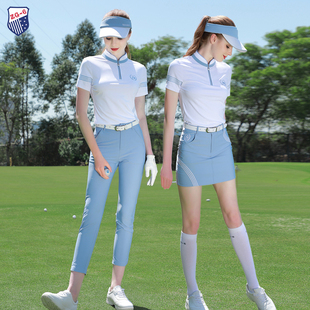 zg6夏季高尔夫女装套装球服装女白色立领上衣，显瘦浅蓝九分裤子女