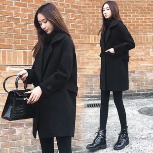 加棉厚反季秋冬韩版宽松显瘦黑色呢子大衣，中长款毛呢外套女潮