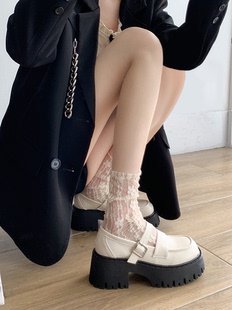 法式玛丽珍鞋女2023秋季白色一脚蹬厚底粗跟高跟松糕底小皮鞋