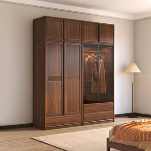 黑胡桃木实木衣柜玻璃门，柜中式现代简约带顶储物柜家用卧室收纳柜