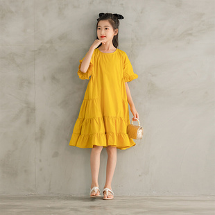 2021夏季童装儿童时髦公主，裙女童黄色连衣裙纯色，可爱袖公主裙