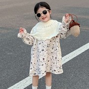 韩版女童春秋长袖连衣裙法式毛线披肩碎花两件套2023秋季童装