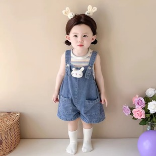 婴儿衣服夏季韩版超萌可爱兔子，牛仔背带裤分体套装，一岁女宝宝童装