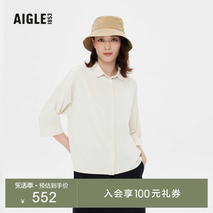 AIGLE艾高春夏季ELLA女士DFT速干吸湿排汗户外休闲翻领七分袖衬衫