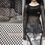 黑色纯色镂空网大眼孔网布渔网，镂空网格透视网纱罩衫设计师面料
