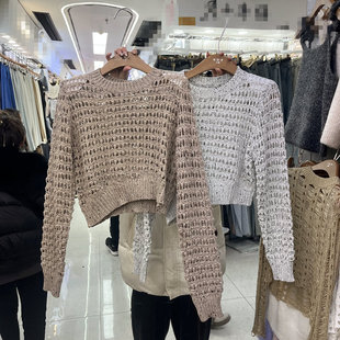 设计感不规则针织镂空毛衣女(毛衣女，)春季2024年韩版宽松时尚短款上衣