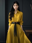 黄色长袖衬衫早秋季连衣裙女法式高端气质名媛polo领收腰裙子