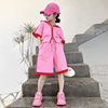 女童套装夏季韩版女孩时尚洋气拉链连帽卫衣中大童短袖短裤两件套