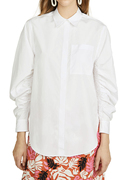春夏欧美女长袖衬衫，3.1白色全棉，宽松缩皱袖子纯色薄衬衣上衣