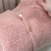 奶fufu粉红色羊羔绒针织开衫，女2023秋冬慵懒风软糯马海毛毛衣