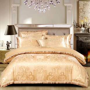 纯棉贡缎床盖式全棉婚庆床上用品加厚夹棉绗缝床罩四件套金色欧式