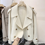 韩国双面绒保暖短外套女2023年冬季显瘦纯色，大翻领双排扣上衣