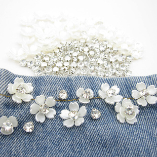米白色珍珠花片水钻套装装饰外套礼服布料面料手工diy手缝钻辅料