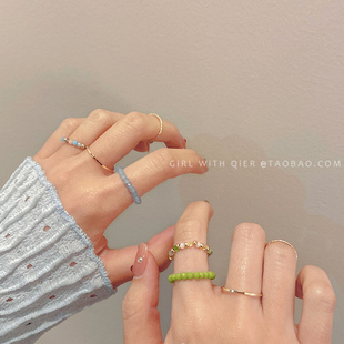 彩色水晶串珠戒指套装女独特小众设计素圈指环叠戴时尚个性食指戒
