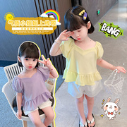 夏季女童短袖T恤韩版小女孩泡泡袖娃娃衫夏款女宝宝提花上衣夏装