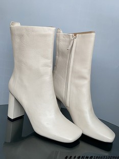 米白色中筒靴侧拉链时尚复古方头简约大气欧美牛皮外贸尾货42码