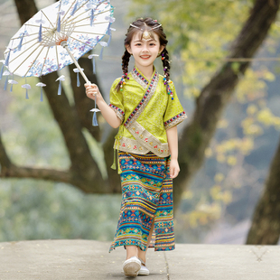 傣族服装女童夏季儿童，三月三少数民族，传统演出服云南西双版纳服饰