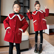 女童毛呢子(毛呢子)大衣，中大儿童外套秋冬季款2023夹棉加厚红色拜年服