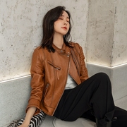 春秋季女装机车皮衣立领，长袖黄色真皮，羊皮革夹克外套短款2023