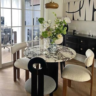 法式宝格丽大理石餐桌家用小户型复古现代轻奢石简约圆形岩板餐桌