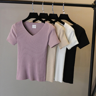 2024夏季紫色t恤女短款v领针织套头冰丝，短袖薄修身春秋装打底衫潮