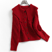 红色手工毛球减龄显瘦娃娃领单排扣外套春长袖女针织毛衣N479
