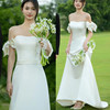 影楼白色拖尾礼服主题高级感法式一字肩摄影旅拍外景缎面婚纱
