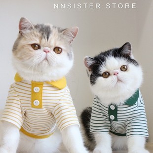 纯棉polo条纹衫，韩国猫咪衣服ins防掉毛春夏款，可爱衬衫宠物狗英短