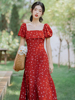 夏季女装复古港风暗红色泡泡袖雪纺连衣裙高级感肌理长裙茶歇桔梗