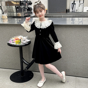 女娃娃领的裙子女童连衣裙，9-13岁7春装蕾丝花边喇叭，袖公主裙黑色8