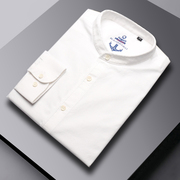 立领衬衫男长袖纯棉，白色牛津纺商务休闲潮流，韩版修身男士圆领衬衣