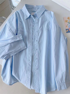 薄款防晒蓝色纯棉衬衫女装夏季2024衬衣粉色内搭宽松上衣外套
