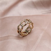 日韩风格金色链条造型镶水钻戒指气质简约潮流男女款指环指圈
