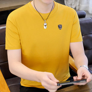 纯黄色短袖t恤男夏季薄款潮牌2024纯棉，刺绣修身冰丝男装体恤