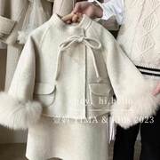 韩系童装女童毛呢套装秋冬装，背心裙女宝宝白色呢子外套两件套