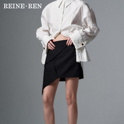 REINEREN设计师任茜2024春夏黑色不对称式下摆直身短半裙