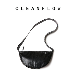 cleanflow黑色龟裂纹油蜡头层牛皮半圆新月单肩斜挎包，小众设计