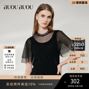 Buou Buou2023年夏季黑色波点网纱拼接短袖上衣BH2A916