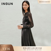 insun恩裳秋季假两件微透视裙子气质，显身材连衣裙黑色