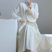 新中式国风白色长袖衬衫，吊带连衣裙女秋冬改良旗袍伴娘服长裙