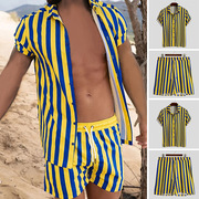 欧美衬衫男士短袖男士休闲宽松沙滩装条纹印花修身短袖套装美式