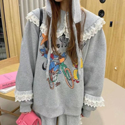 韩国chic冬季甜美减龄娃娃领图案印花宽松休闲百搭长袖套头卫衣女
