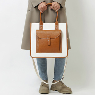 韩国时尚托特包青年男商务手提包单肩斜挎背包PU皮双色拼接电脑包