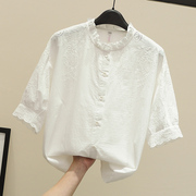纯棉白色衬衫女七分袖，夏装镂空刺绣花蕾丝，衬衣立领宽松上衣仙