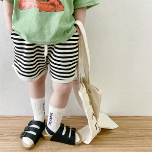 儿童横条纹抽绳短裤2023夏季韩版男童童宽松薄款棉质柔软热裤