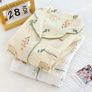 婴儿棉纱布女士薄款长袖家居服，套装纯棉绉布泡泡纱，春秋季睡衣夏季