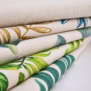 北欧植物印花棉麻布料，桌布麻布沙发面料，老粗布亚麻布窗帘处理