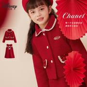 迪士尼女童红色套装冬装，儿童外套背心，裙两件套新年装拜年服